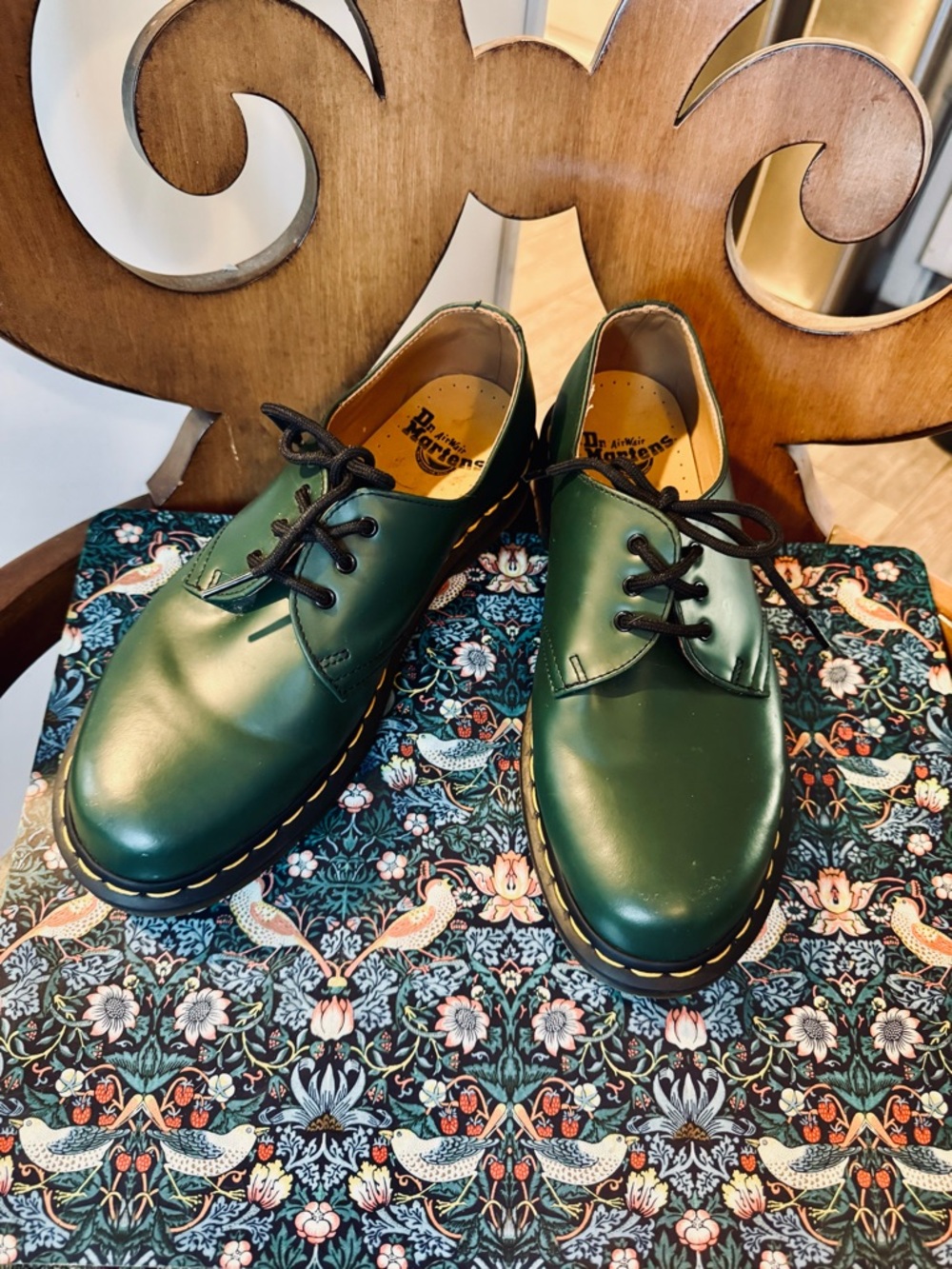 Dr. Martens Green 3-Eye Leather Oxfords with Yellow Stitching